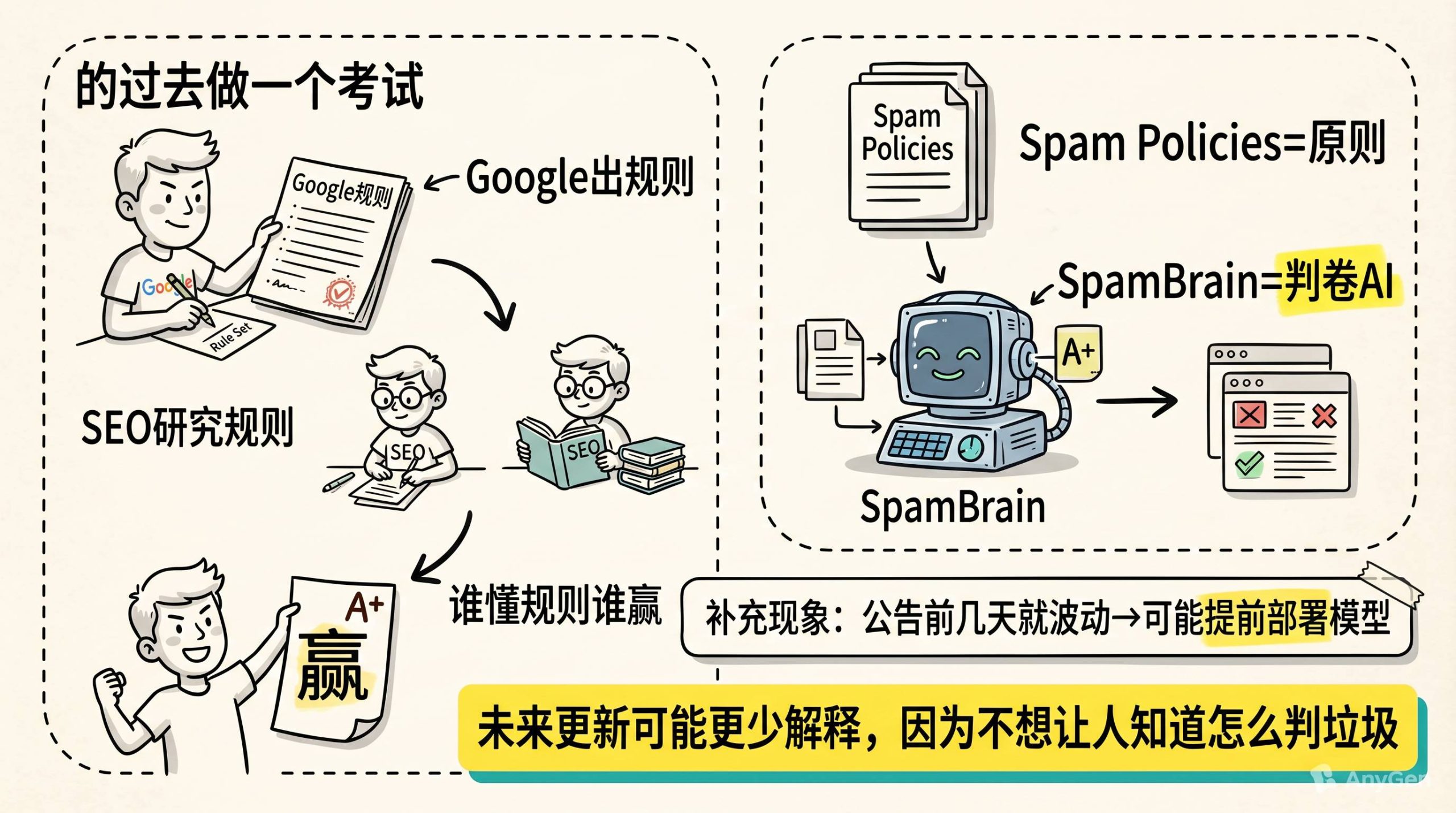 Google 不再更新规则，而是在训练 SpamBrain